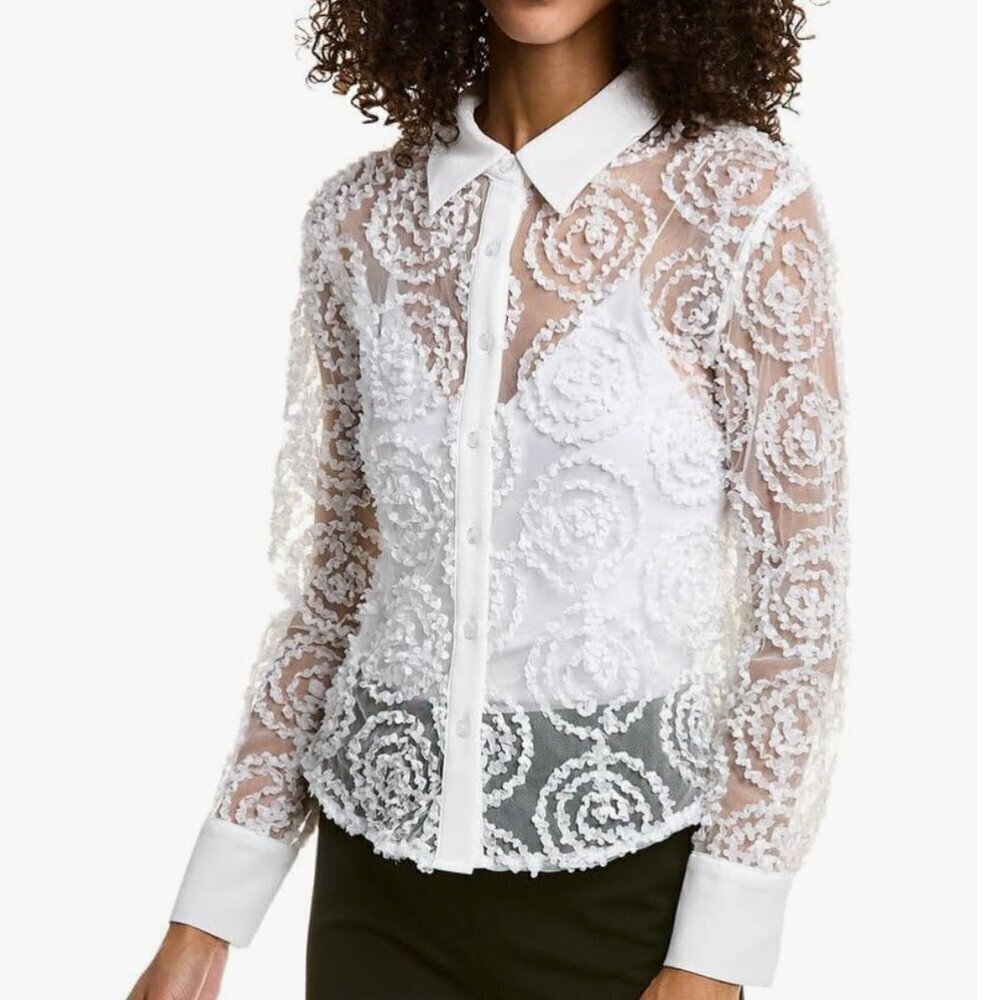 NWT Gracia White Lace Mesh Blouse Small
